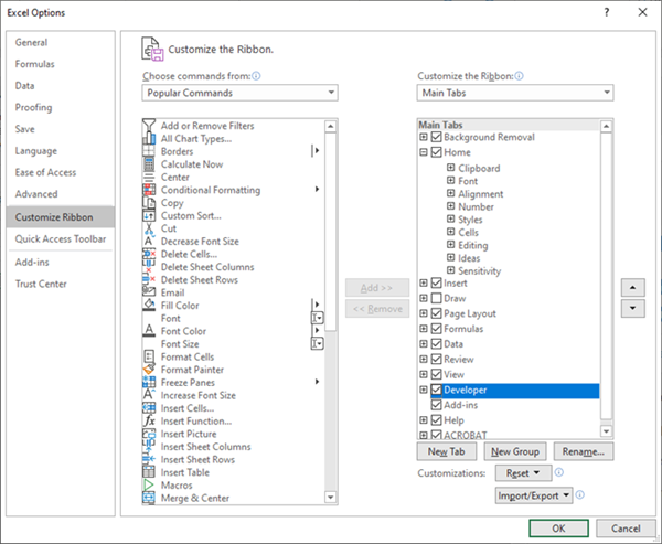 template add excel developer menu